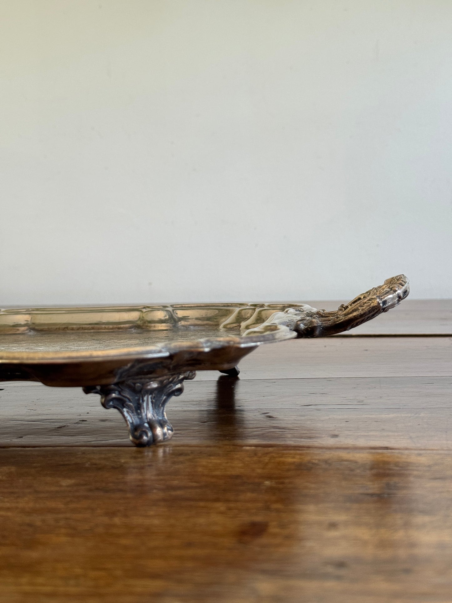 Vintage Large Leonard Silver Plated Over Brass Ornate Serving Platter with Raised Feet and Etched Detailing - Silver Plated Butler Tray