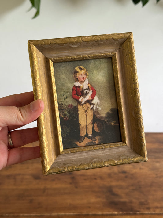Vintage Boy with Dog Print in Wood Frame