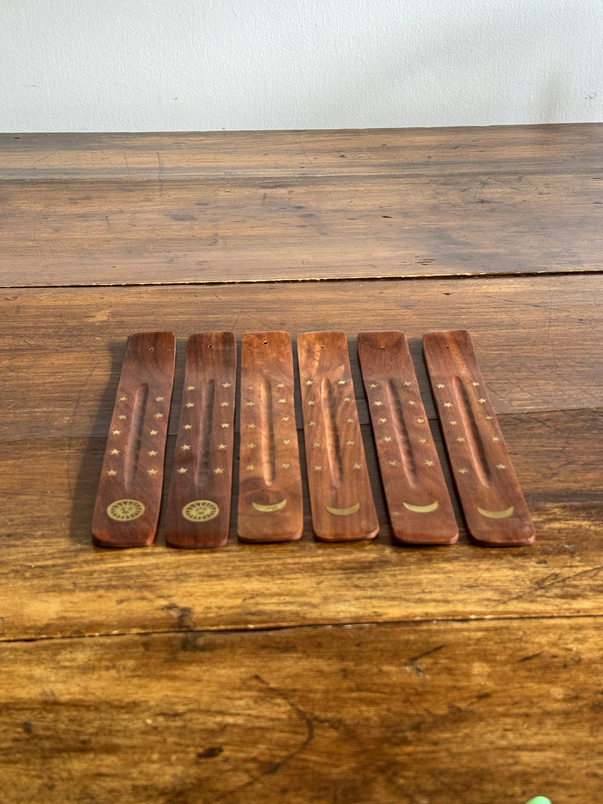 PICK ONE: Wood with Brass Inlay Incense Holder with Moon or Sun Design
