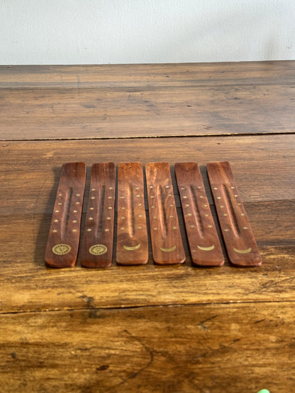 PICK ONE: Wood with Brass Inlay Incense Holder with Moon or Sun Design