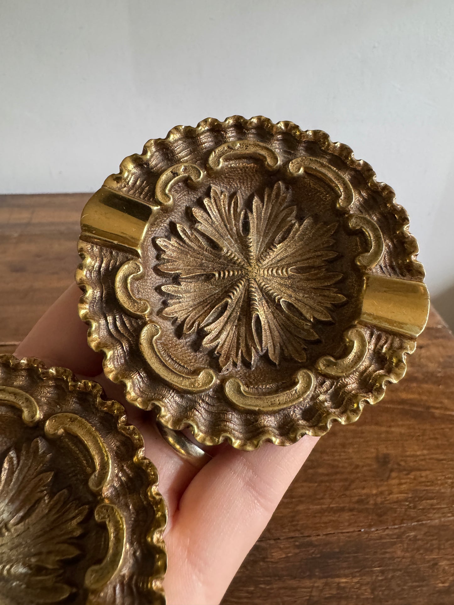 Two Heavy Ornate Brass Personal Sized Ashtrays with Stunning Scalloped and Flower Detailing