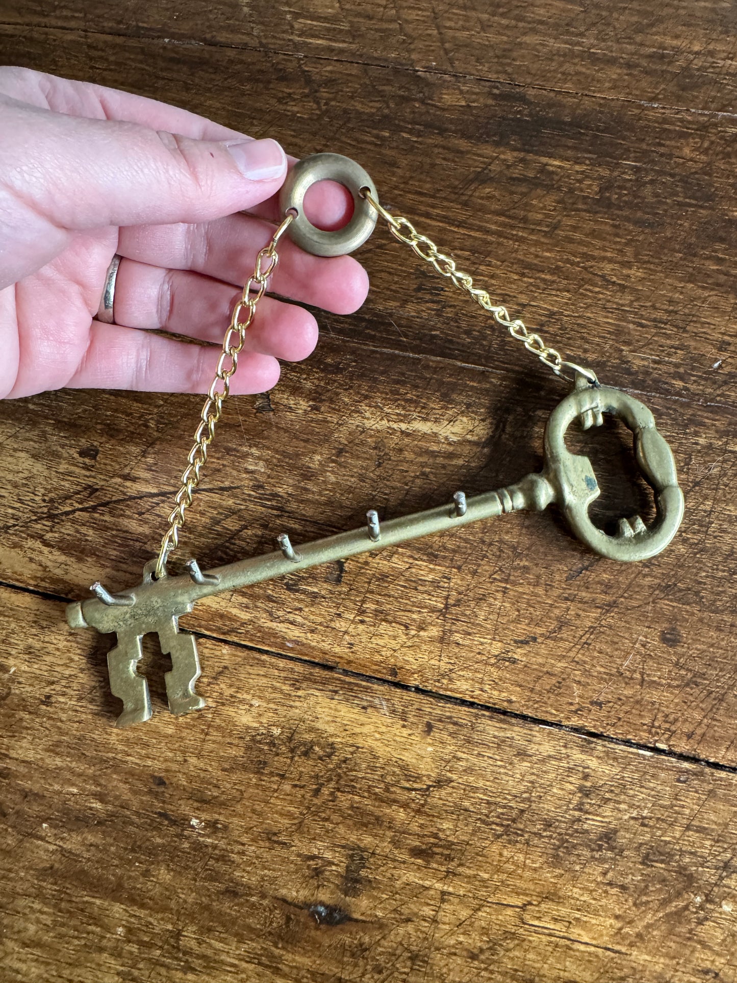 Vintage Brass Key Hook Shaped Like Old Key with Chain and Hooks