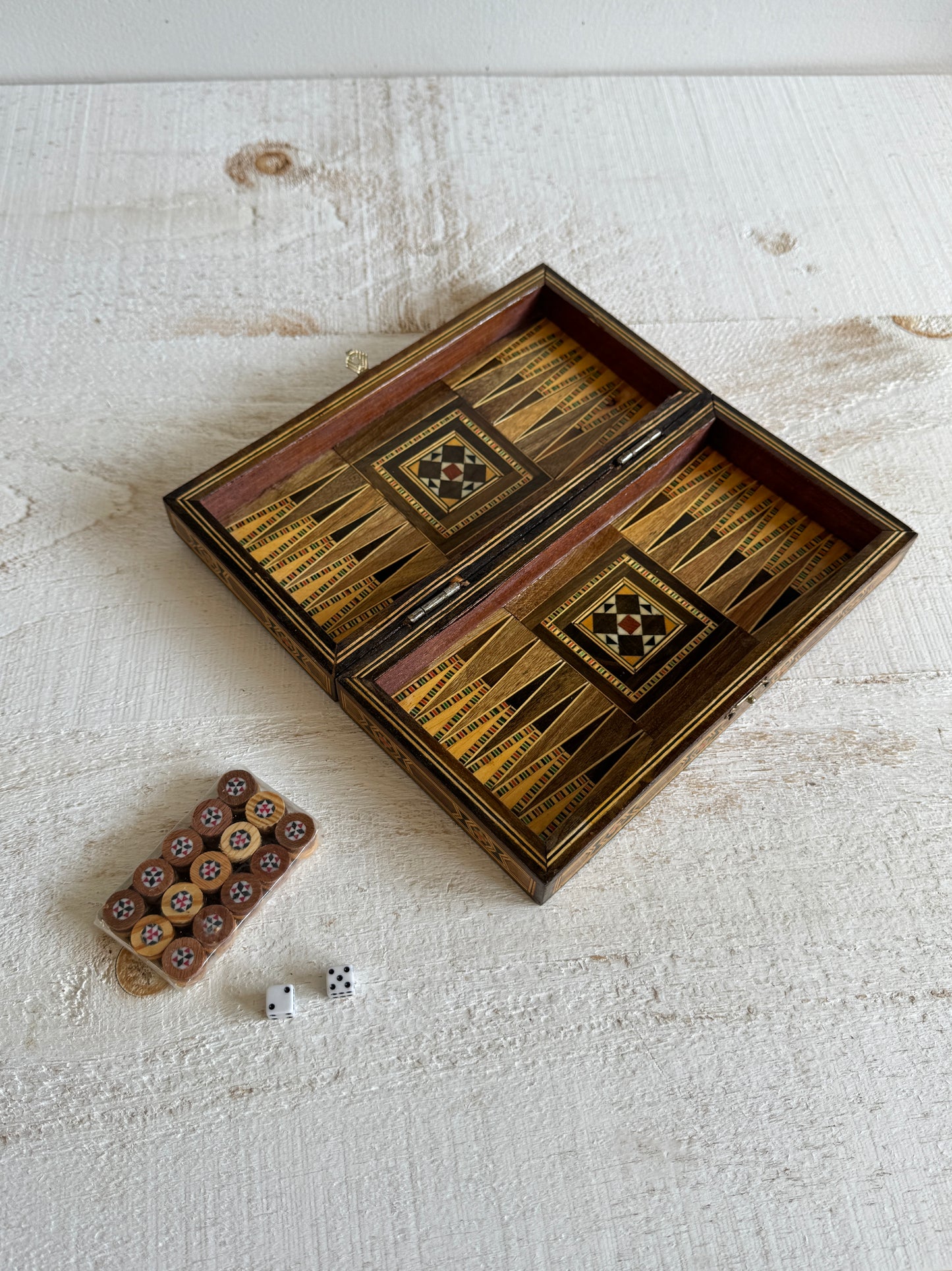 Small Travel Sized Folding Chess and Backgammon 2-in-1 Set with Stunning Marquetry Detailing and Wooden Pieces