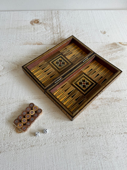 Small Travel Sized Folding Chess and Backgammon 2-in-1 Set with Stunning Marquetry Detailing and Wooden Pieces