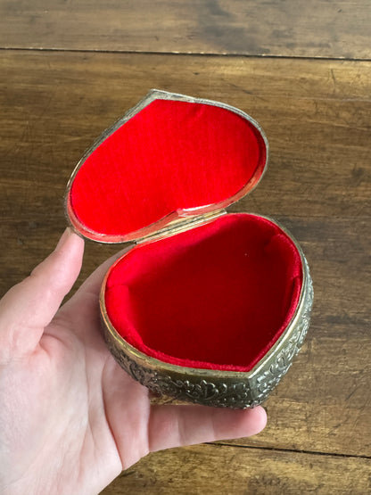 Small Vintage Heart Box with Ornate Metal Detailing Over Red Felt - Mini Trinket Box