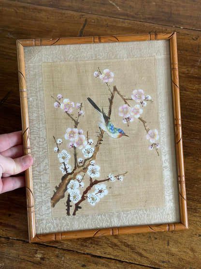 Vintage Bird Painting on Fabric Artwork in Simplistic Wooden Frame