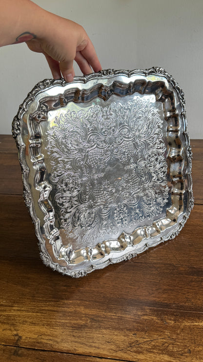 Large Square Silver Plated over Copper Serving Tray Old English Reproductions- Made in Canada