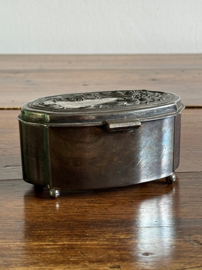 Vintage Art Nouveau DS. Co Pewter Silver-Tone Trinket Box with Floral Hinged Lid