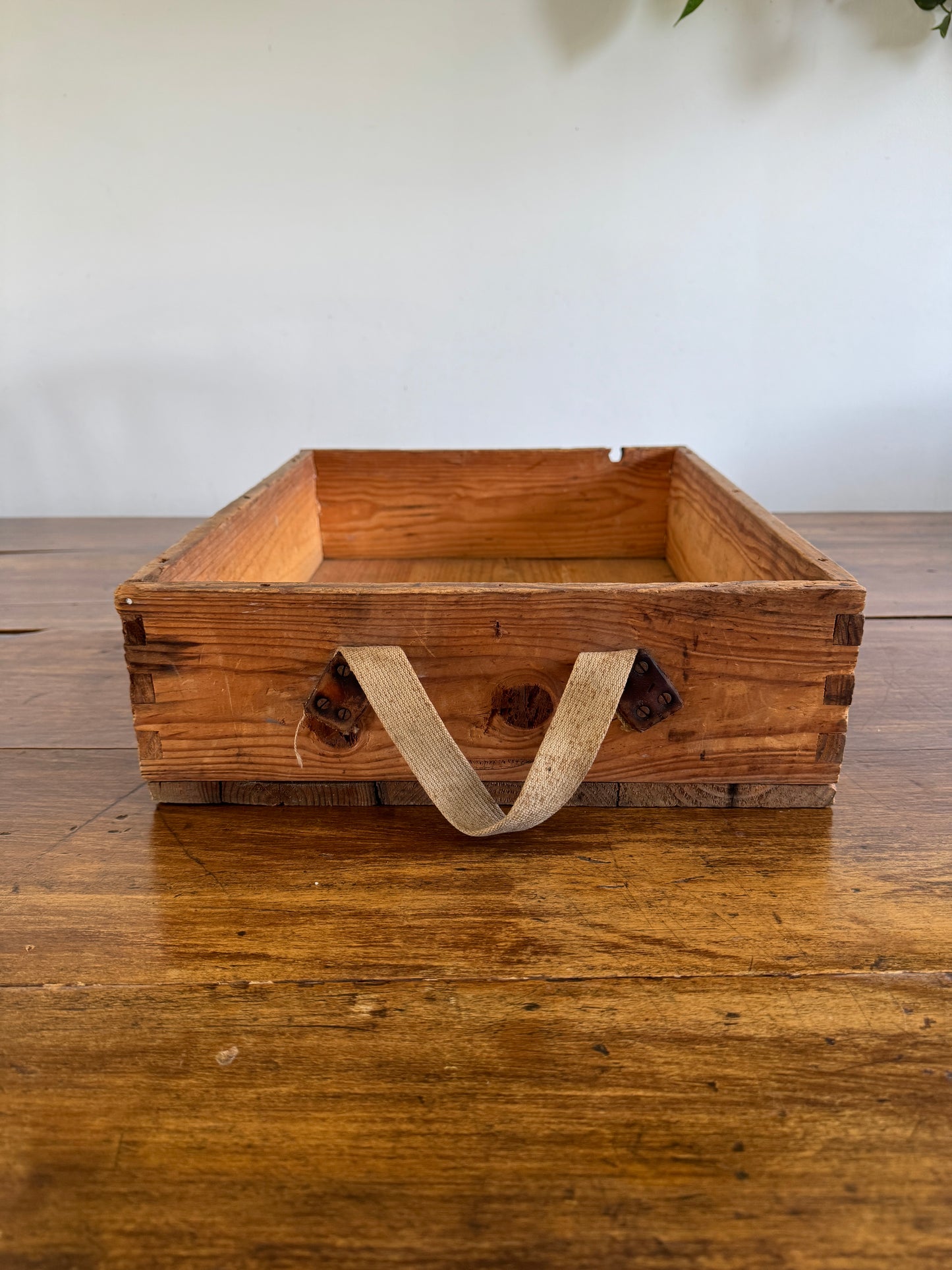 Vintage Wooden Crate with Fabric Handles