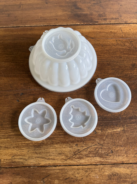 Vintage White Plastic Tupperware Jello Dome Mold with Toppers