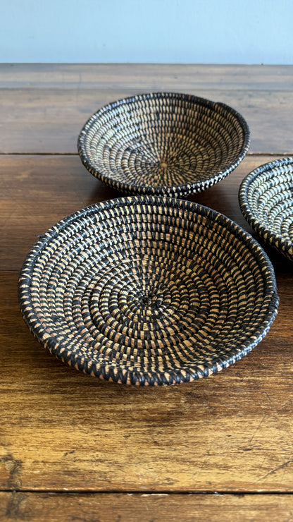 Set of Three Woven Sweet Grass Baskets with Black Accents