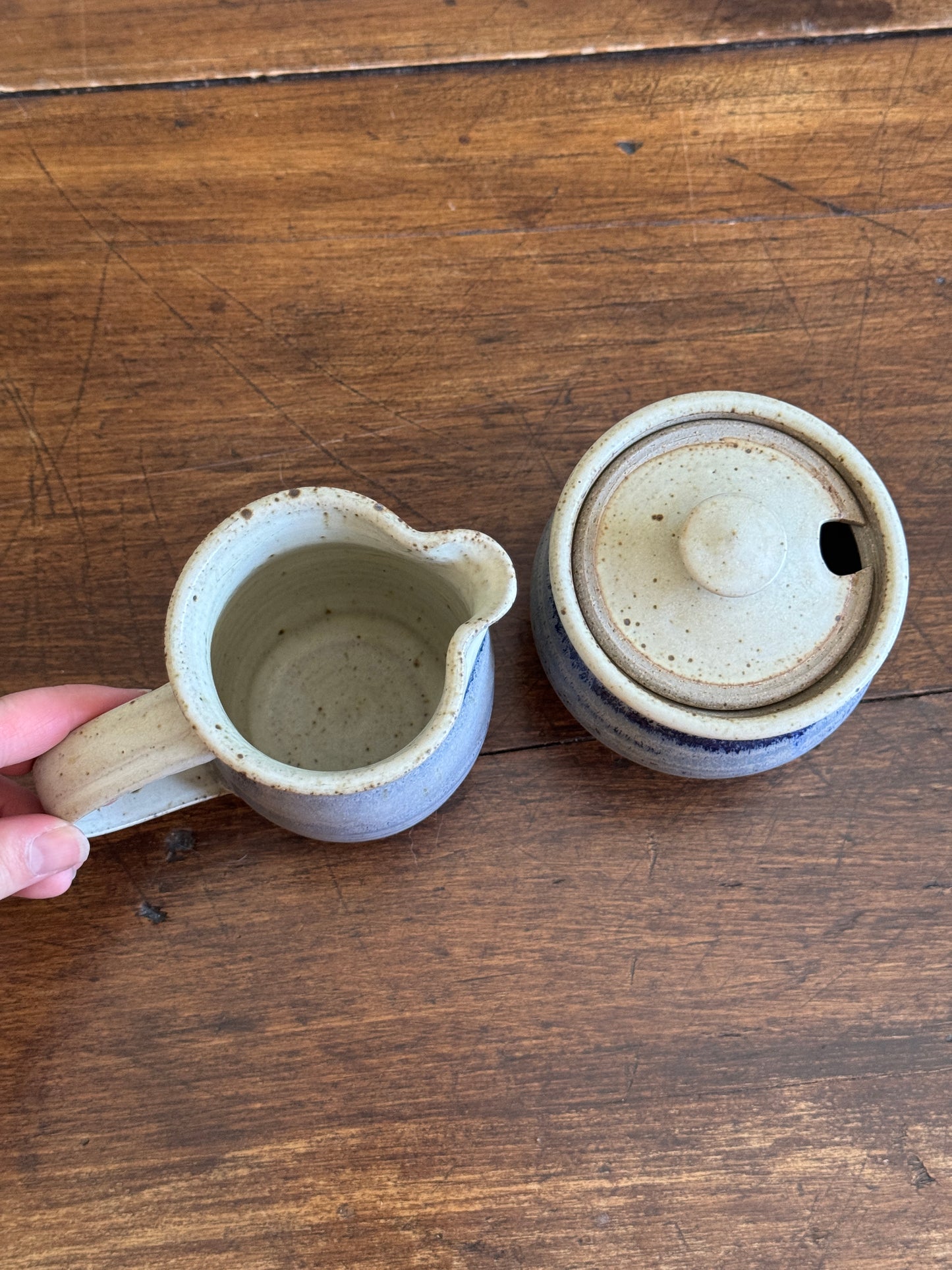 Vintage Pottery Cream and Sugar Dishes with Cream and Blue Colouring