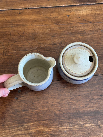 Vintage Pottery Cream and Sugar Dishes with Cream and Blue Colouring