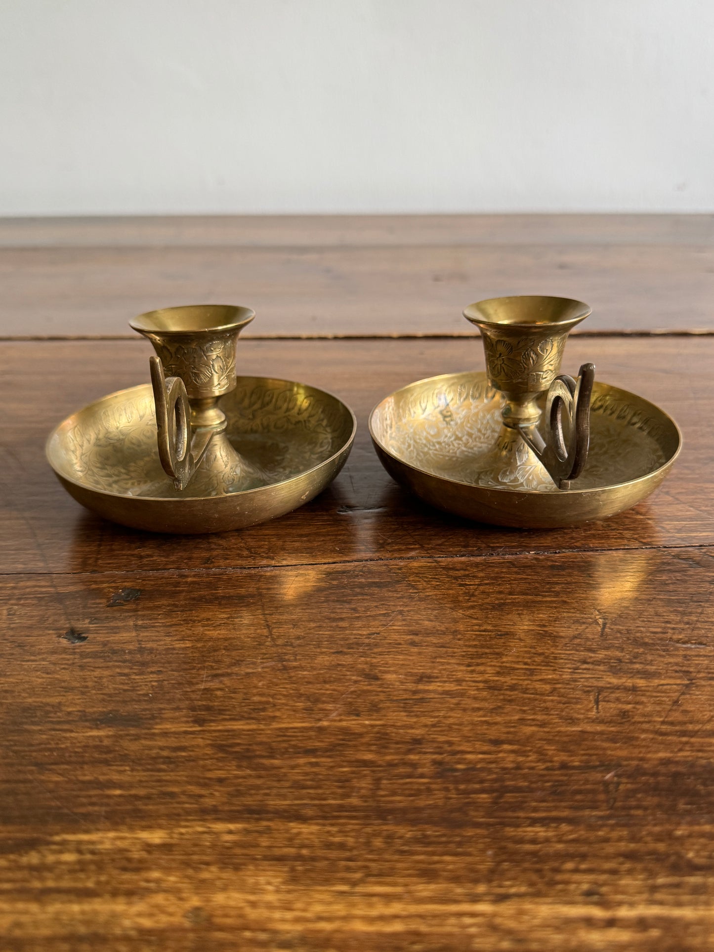 Vintage Brass Etched Floral Candle Holder Pair - Made in India