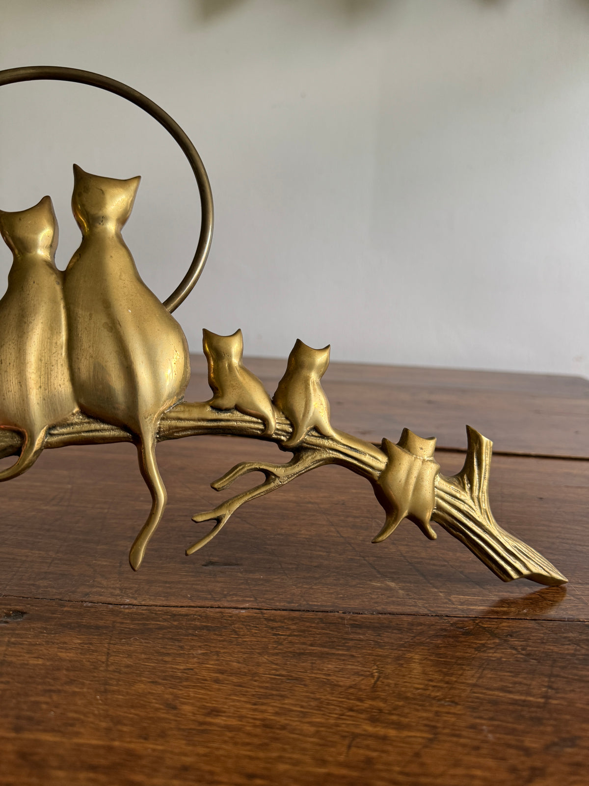 Brass Cats on Branch with Moon Wall Hanging Sculpture
