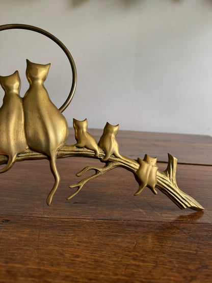 Brass Cats on Branch with Moon Wall Hanging Sculpture