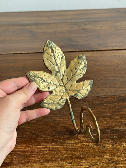 Vintage Cast Brass Leaf Hook with Swirled Hanger