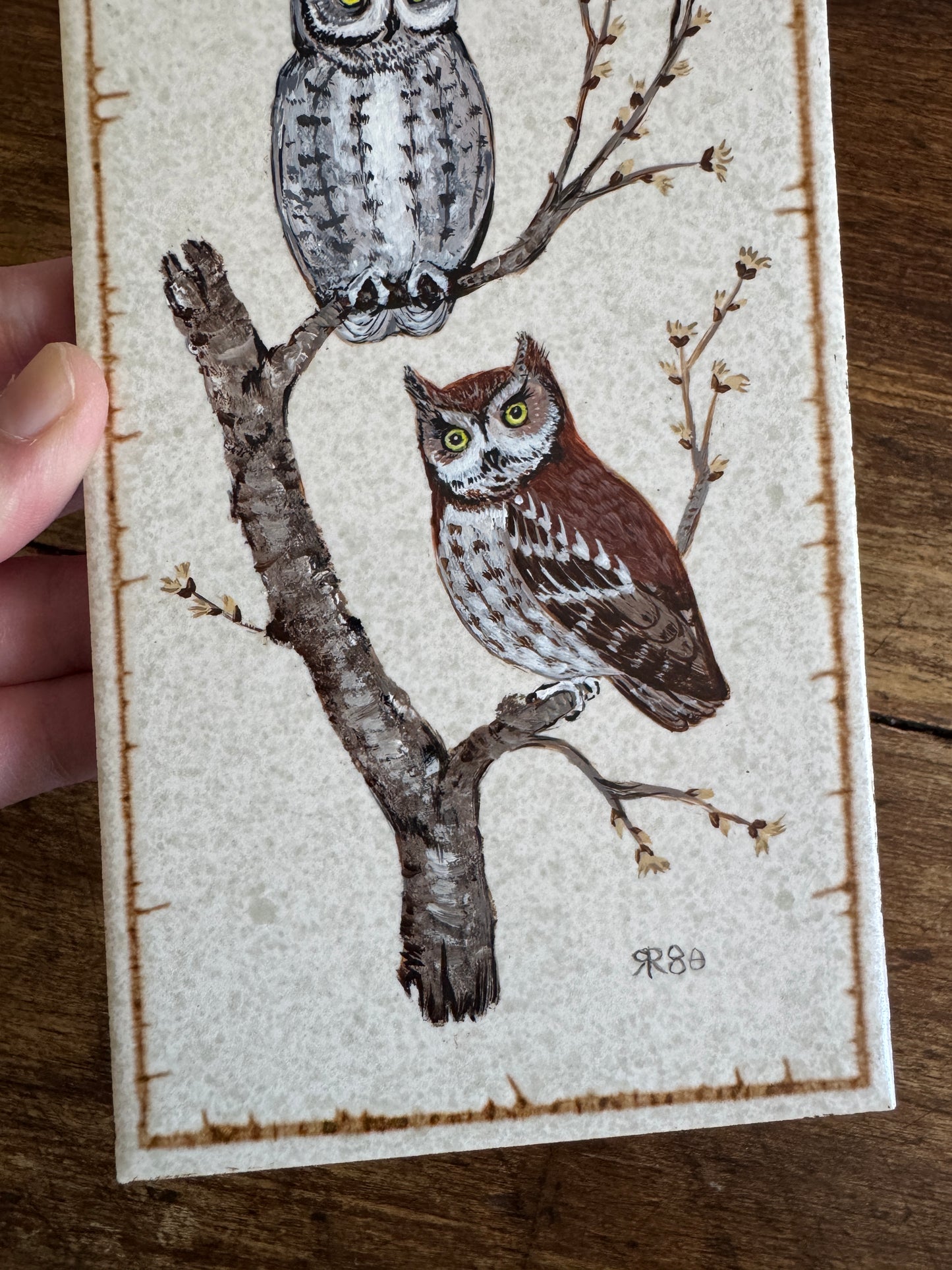 Vintage Hand Painted Owls on Tile - Made in Canada on English Tile