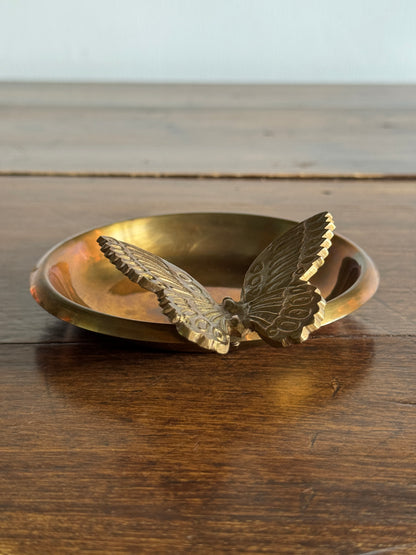 Vintage Brass Shallow Bowl with 3D Butterfly Embellishment - Brass Butterfly Tray