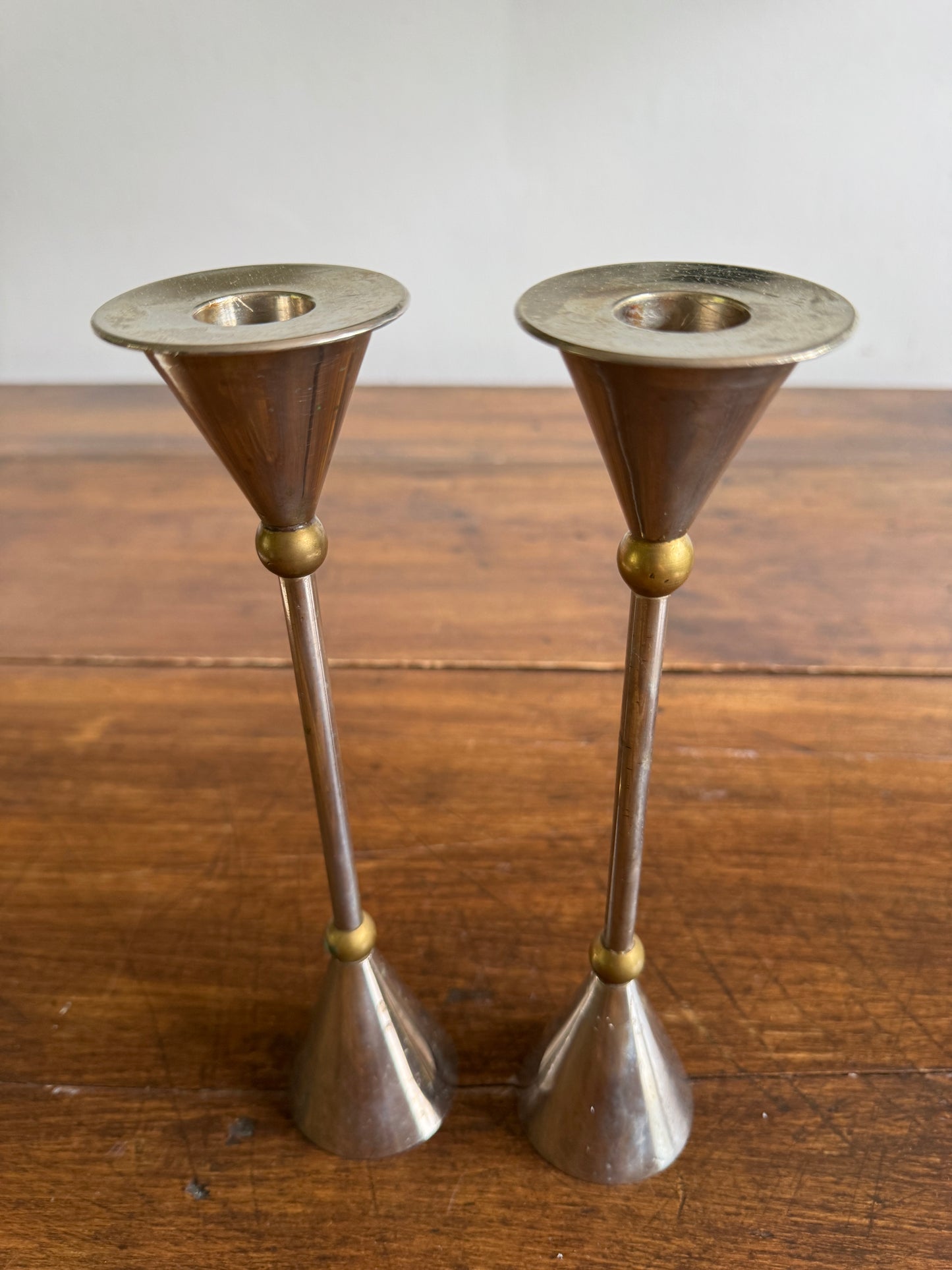 Vintage Pair of Memphis Design Style Candle Holders - Silver Tone with Brass Metal Candlestick Holders - Modernist Design