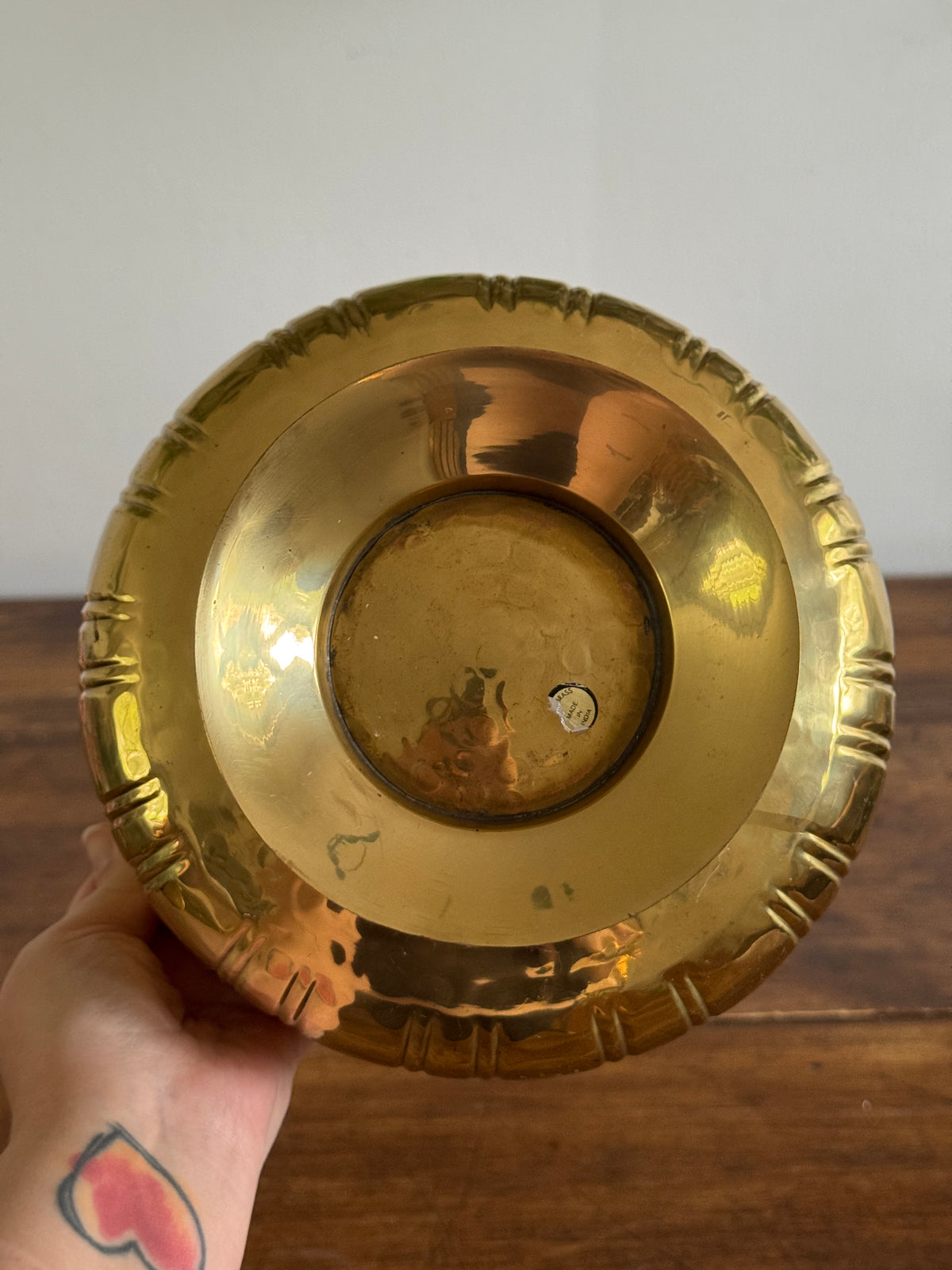 Vintage Shiny Brass Raised Bowl with Hammered Texture and Grooved Sides