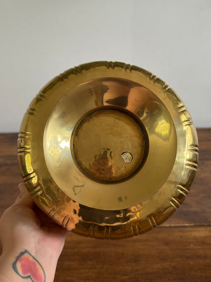 Vintage Shiny Brass Raised Bowl with Hammered Texture and Grooved Sides