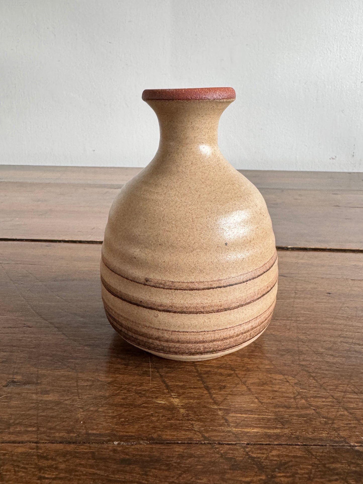 Earthenware Pottery Vase with Tan and Brown Stripe Detailing and Thin Fluted Neck