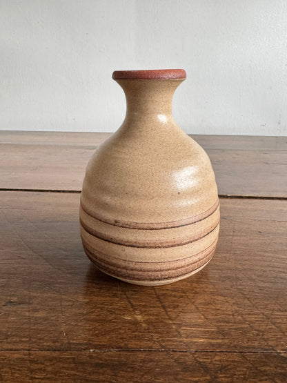 Earthenware Pottery Vase with Tan and Brown Stripe Detailing and Thin Fluted Neck