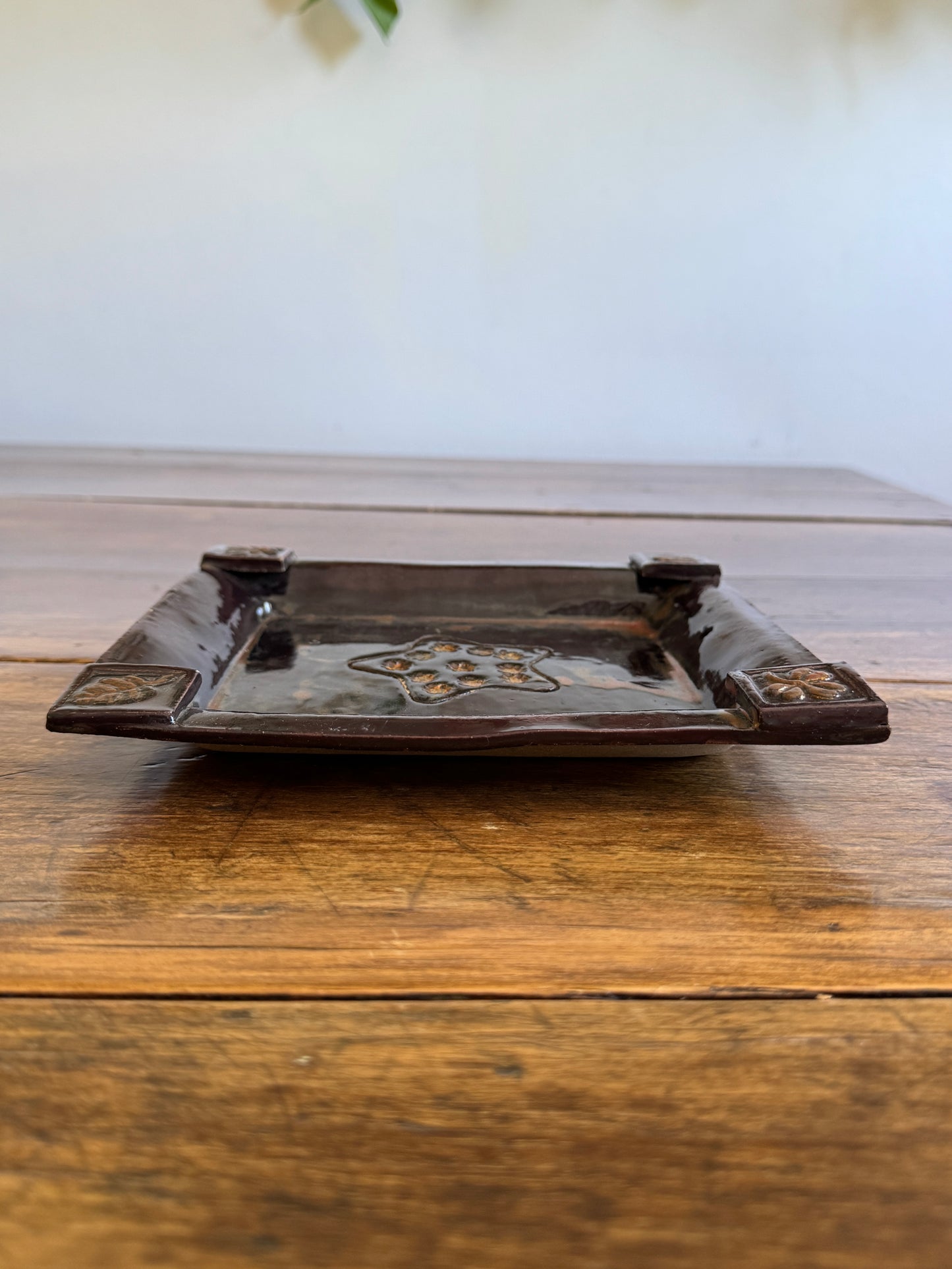 Vintage Folk Art Style Pottery Plate with Star Dish and Corner Embellishments