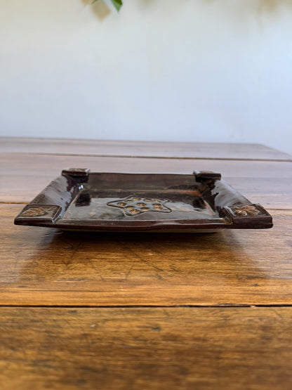 Vintage Folk Art Style Pottery Plate with Star Dish and Corner Embellishments