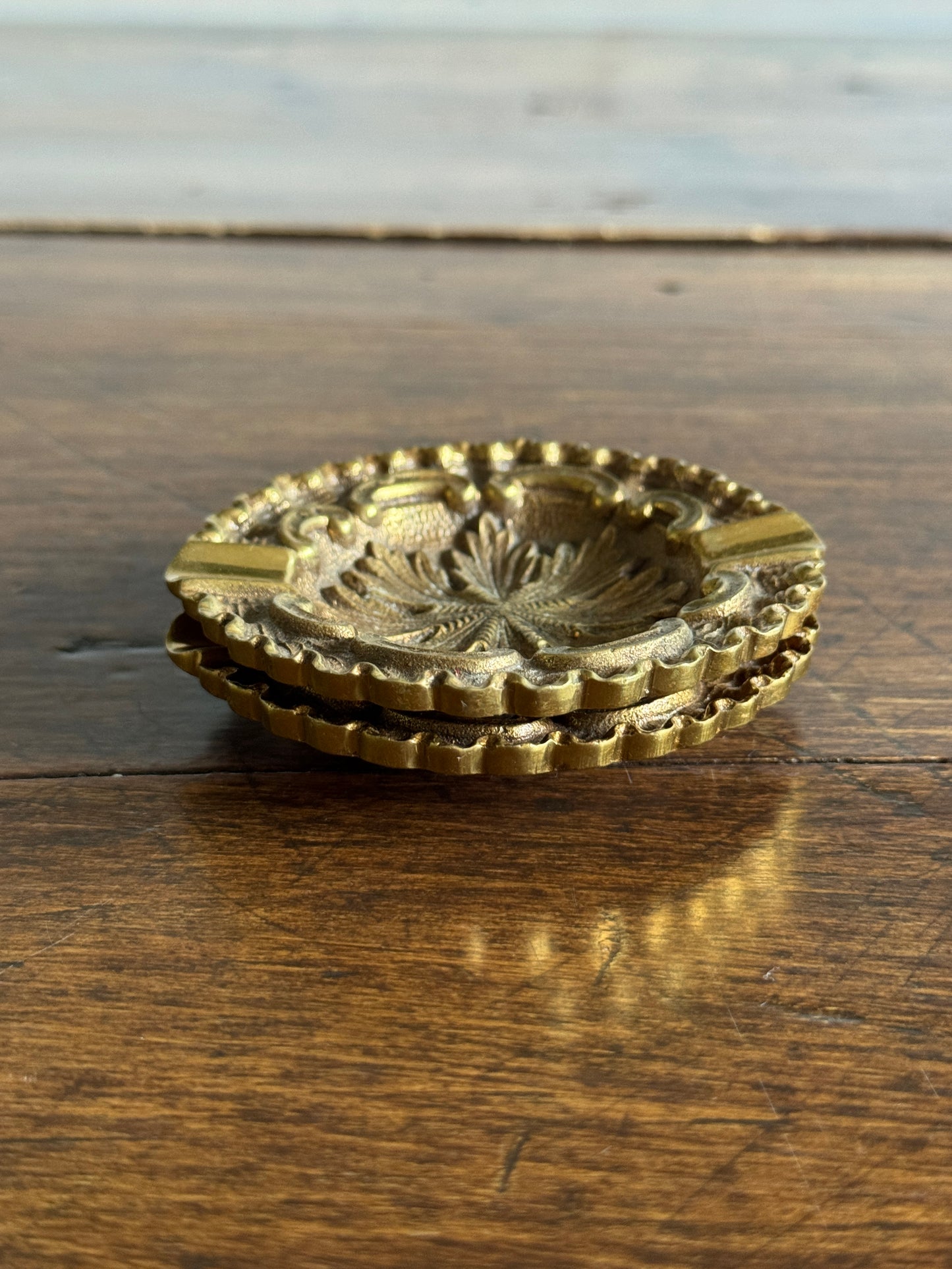 Two Heavy Ornate Brass Personal Sized Ashtrays with Stunning Scalloped and Flower Detailing