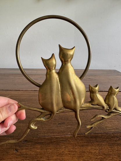 Brass Cats on Branch with Moon Wall Hanging Sculpture