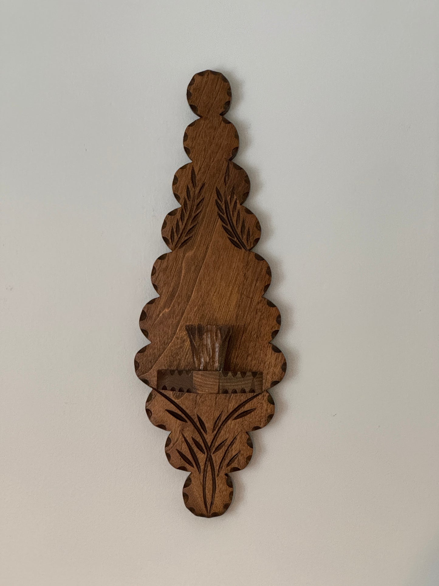 Vintage Wood Folk Art Carved Candle Sconce - Wall Mounted