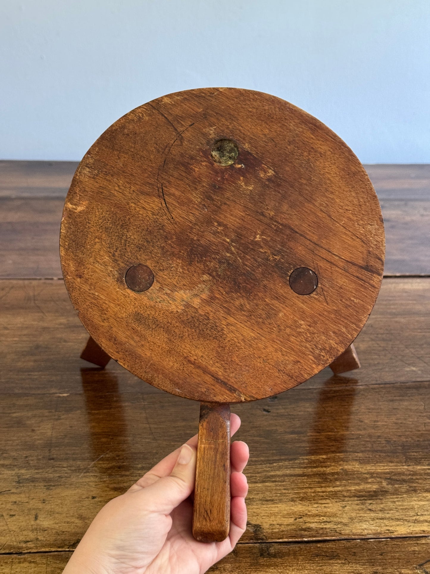 Vintage Small Wood Milk Stool with Handle and Tripod Legs