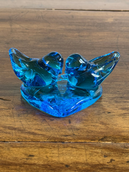 Vintage Glass Blue Birds of Happiness on Heart - Signed Paperweight