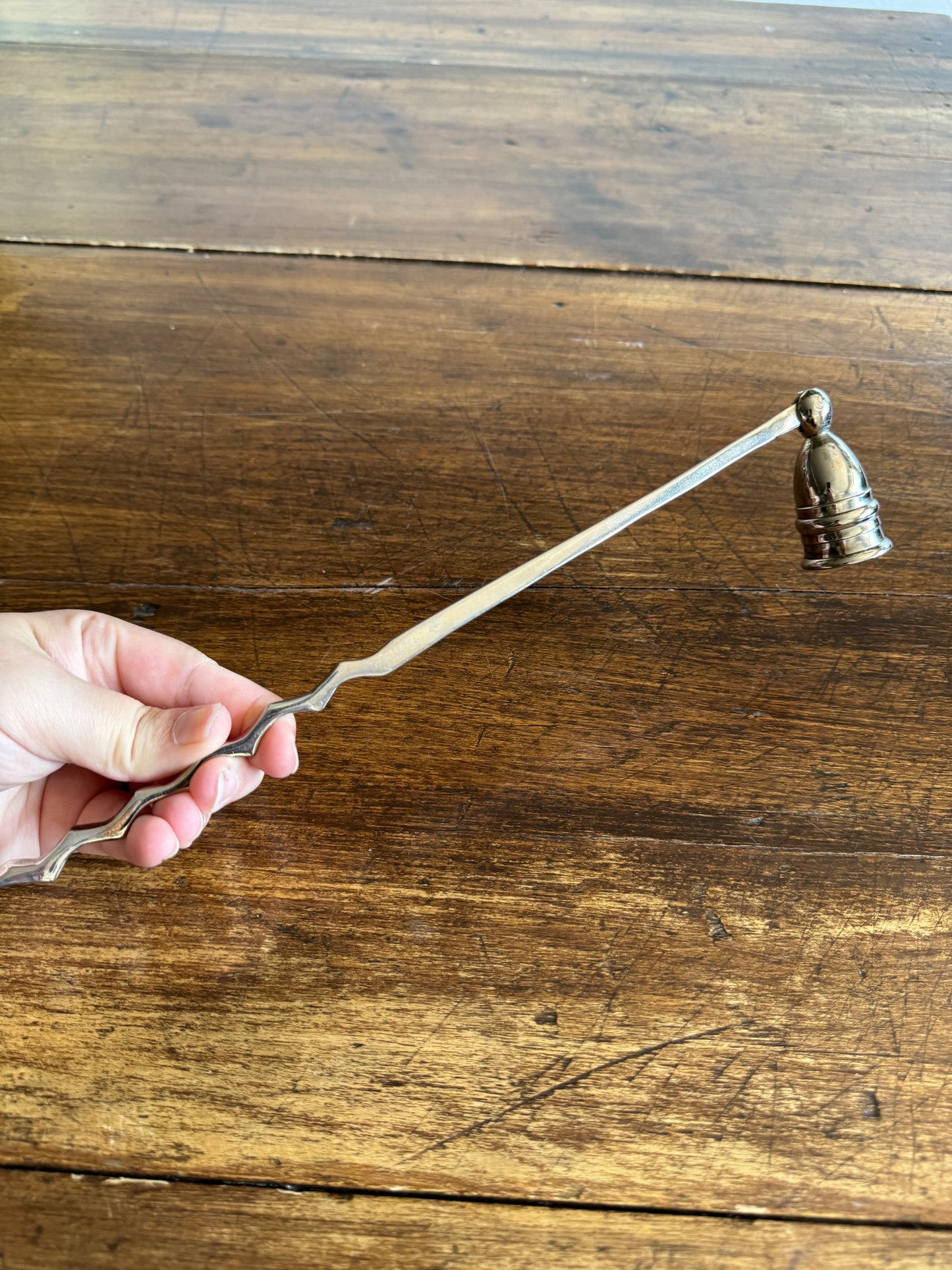 Vintage Silver Plated Candle Snuffer with Adjustable Cup and Wavy Handle Design