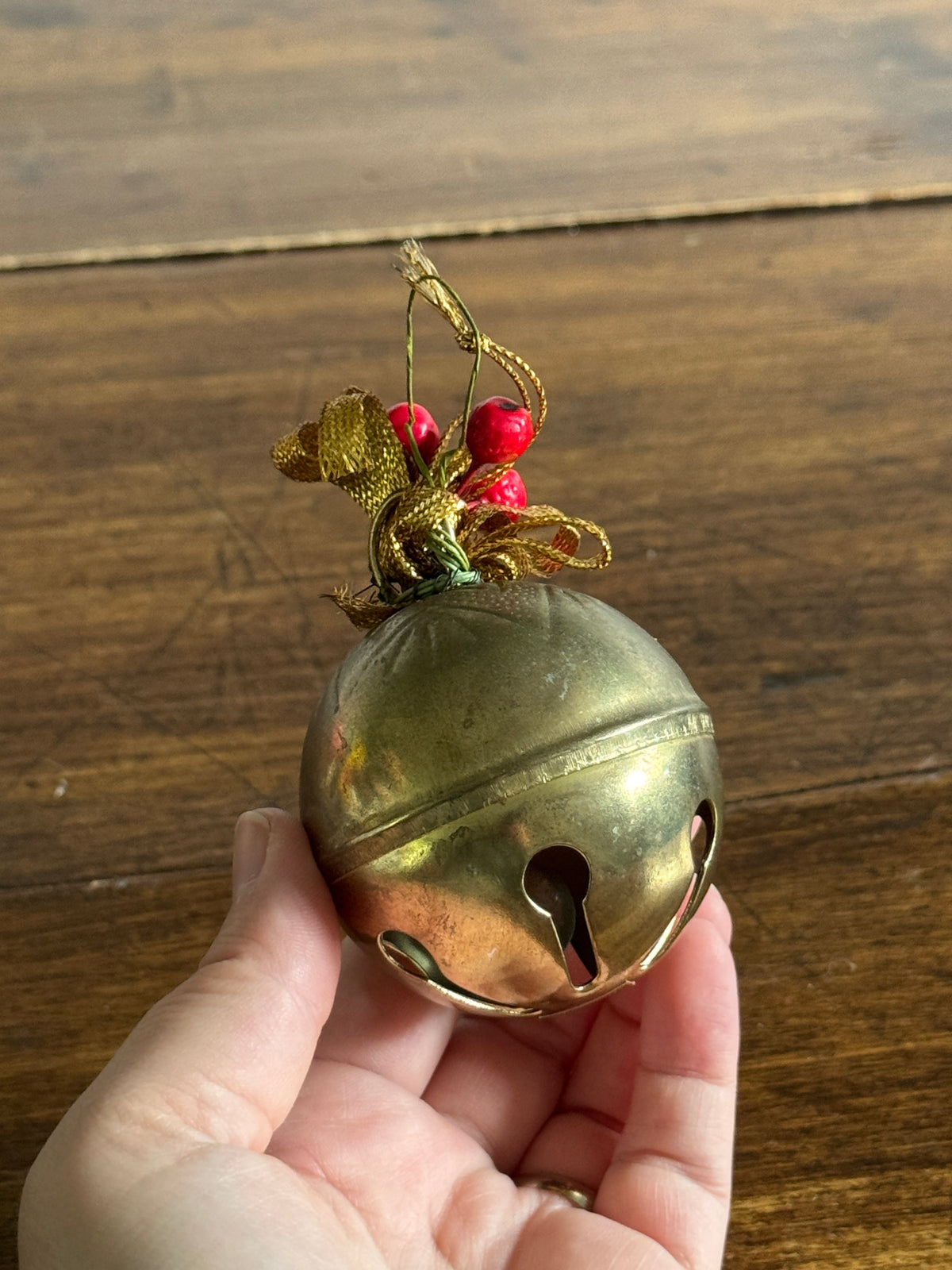 Vintage Brass Holiday Bell Ornament with Faux Holly Decor