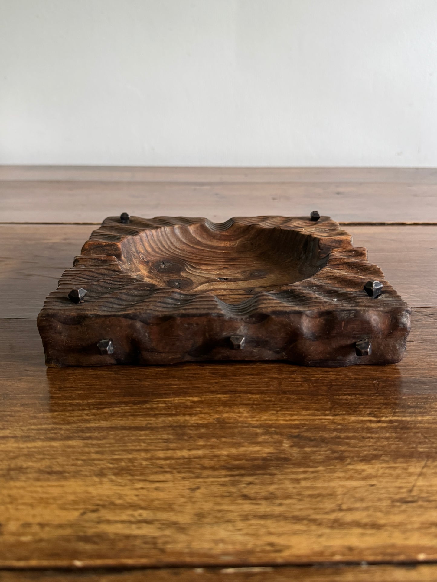 Rustic Wood Ashtray or Catchall Bowl with Metal Nail Accents