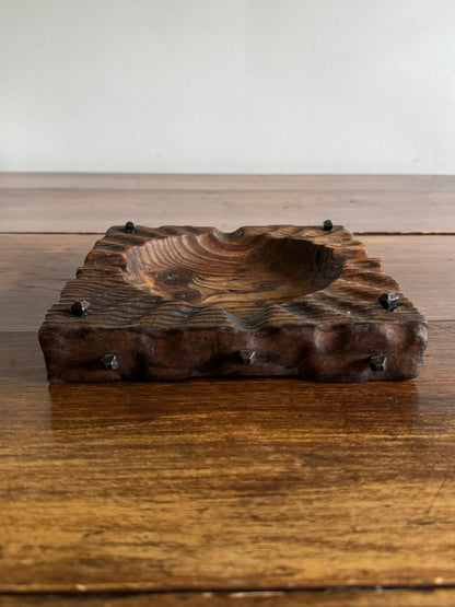 Rustic Wood Ashtray or Catchall Bowl with Metal Nail Accents