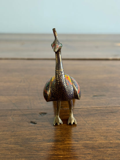Brass Peacock Figurine with Etched and Enamel Painted Detailing
