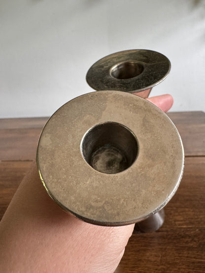 Vintage Pair of Memphis Design Style Candle Holders - Silver Tone with Brass Metal Candlestick Holders - Modernist Design