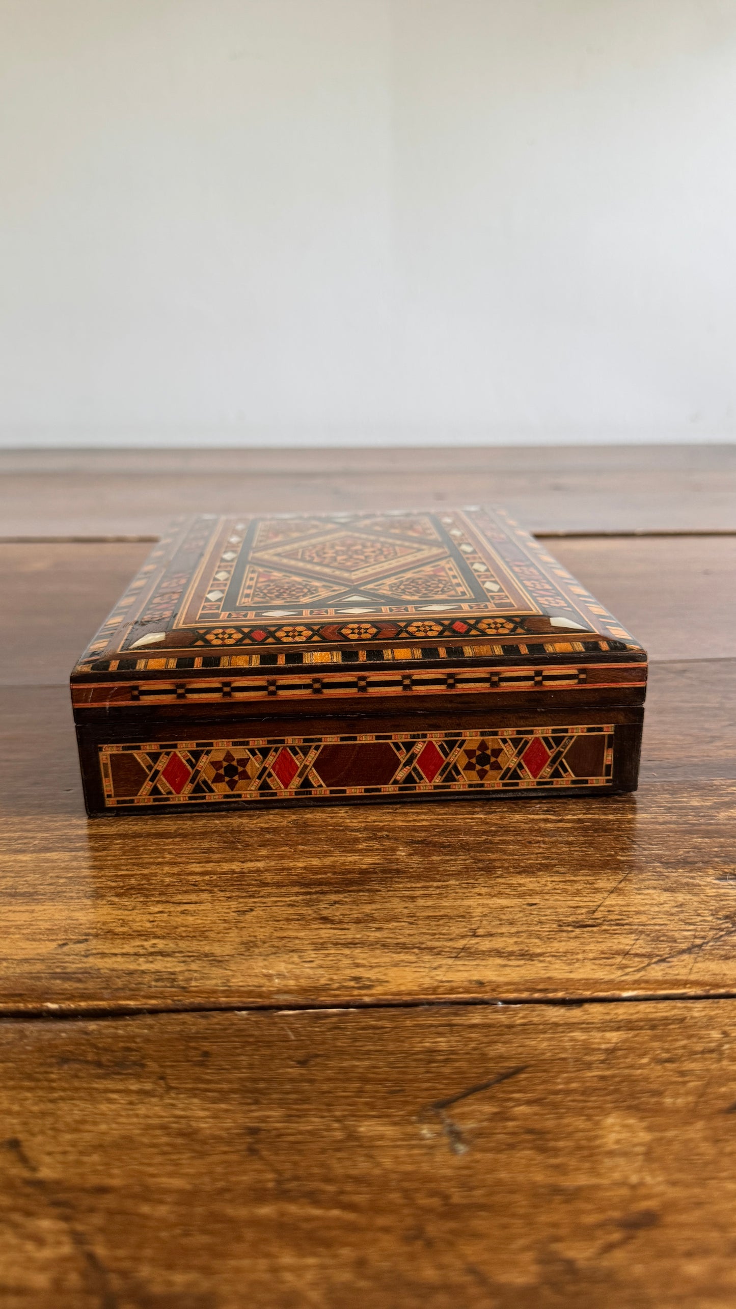 Vintage Inlay Box with Stunning Mother of Pearl Marquetry and Red Felt Inside