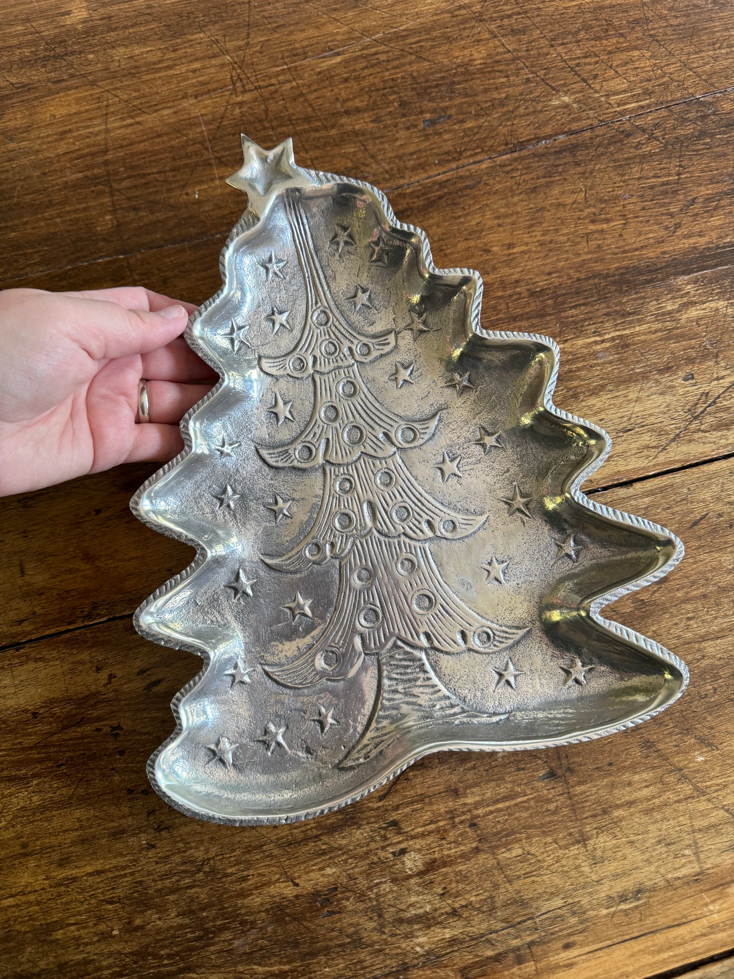Silver-Tone Metal Christmas Tree Tray with Embossed Detailing
