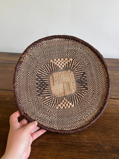 Vintage Woven African Flat Style Basket with Detailed Weaving Design