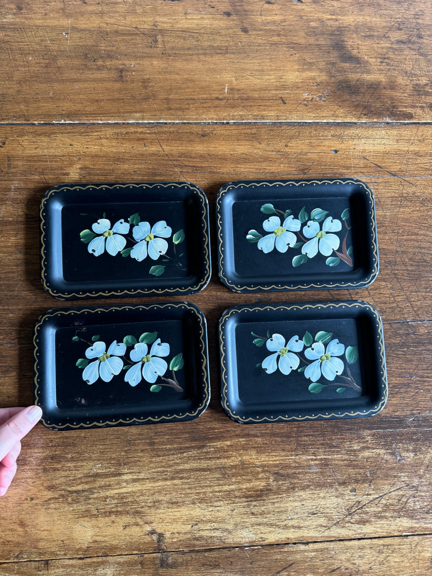Set of Four Vintage Tole Painted Flower Trays