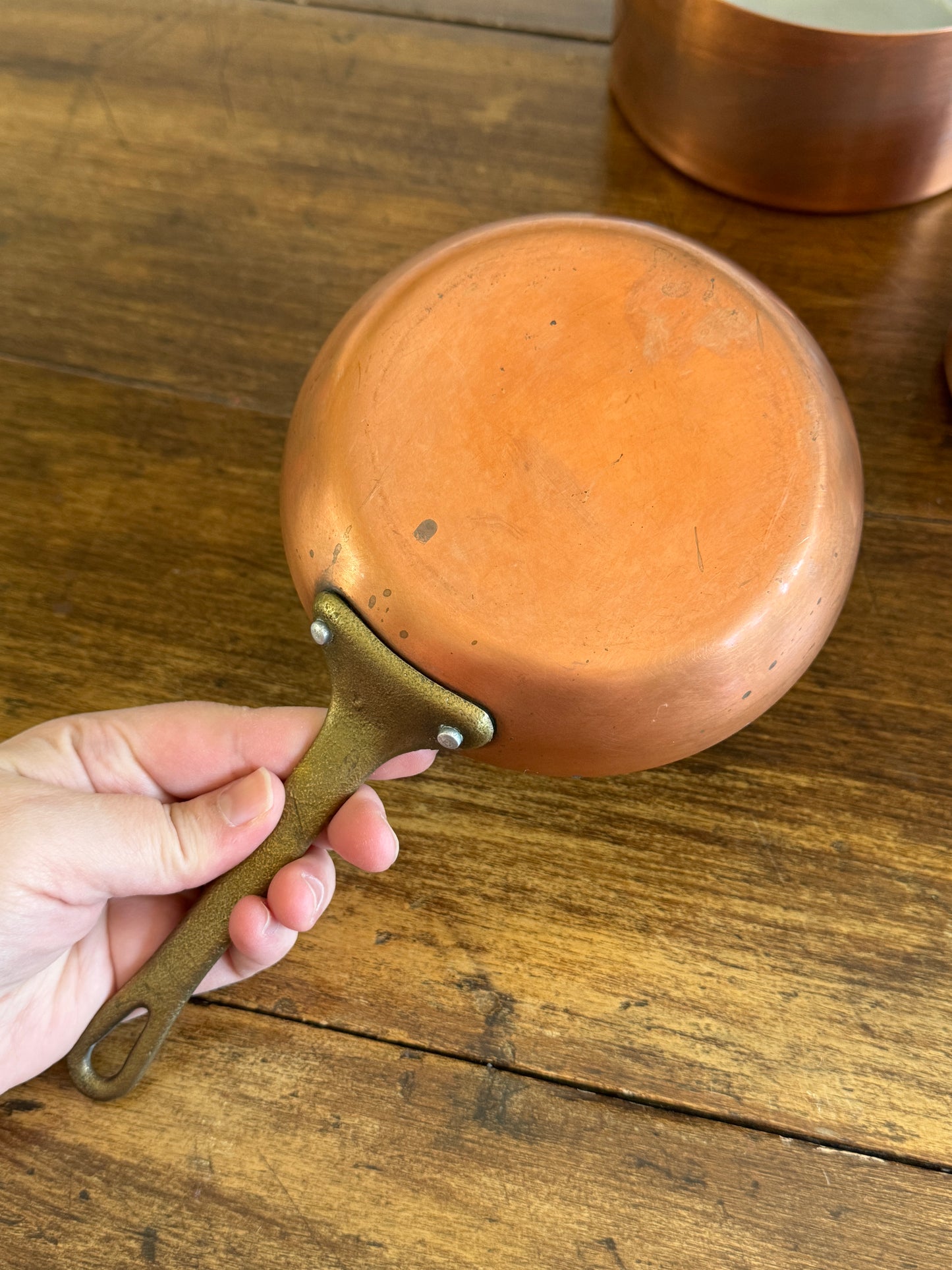Vintage Three Piece Copper and Brass Pots and Pan Set