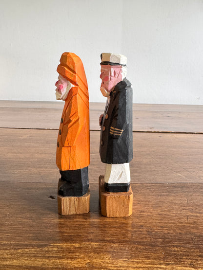 Vintage Set of Two Wood Salty Figurines - Peg Leg Captain and Fisherman