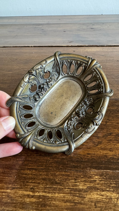 Vintage Embossed Metal Art Nouveau Dish with Ornate Detailing