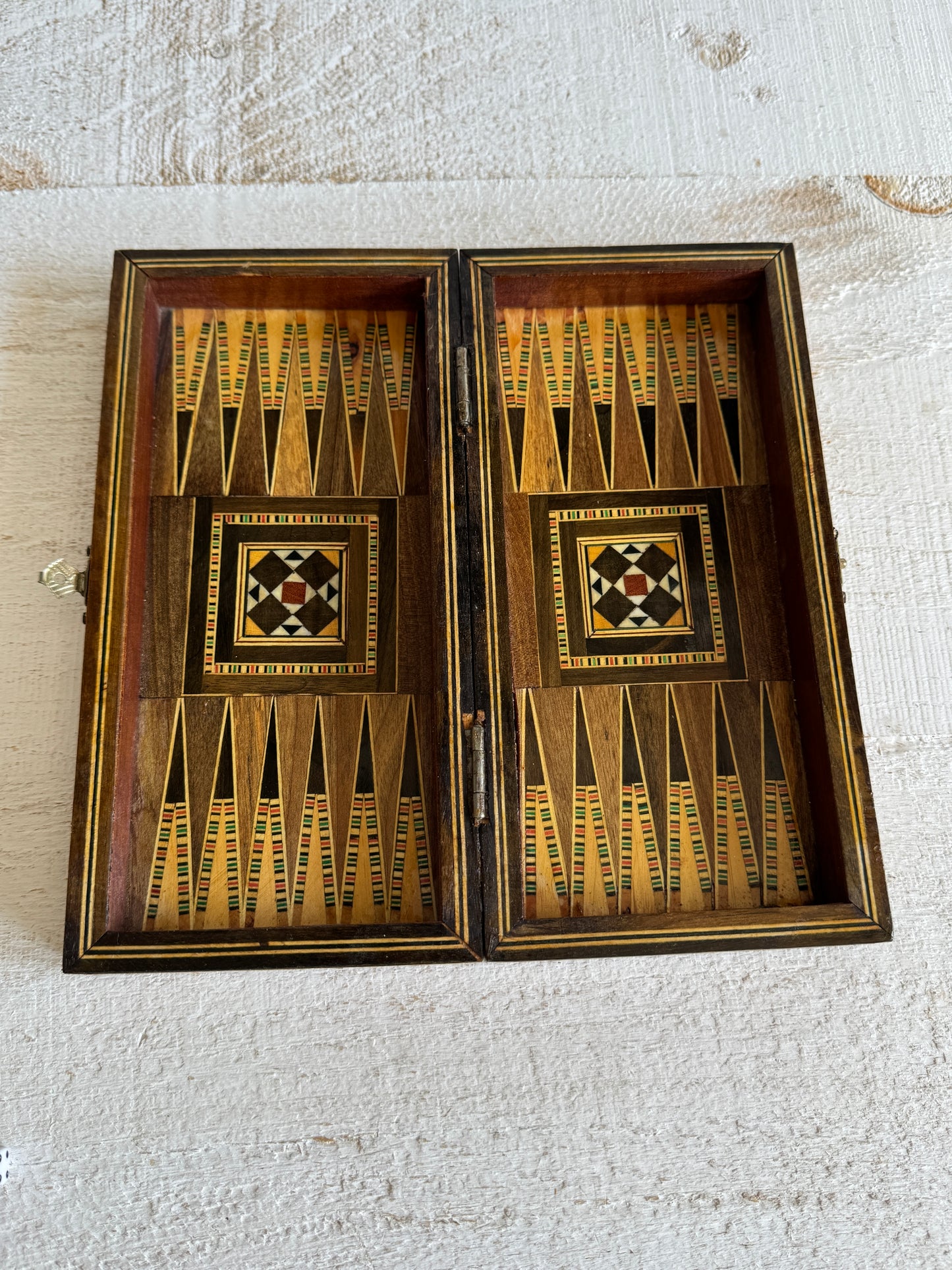 Small Travel Sized Folding Chess and Backgammon 2-in-1 Set with Stunning Marquetry Detailing and Wooden Pieces