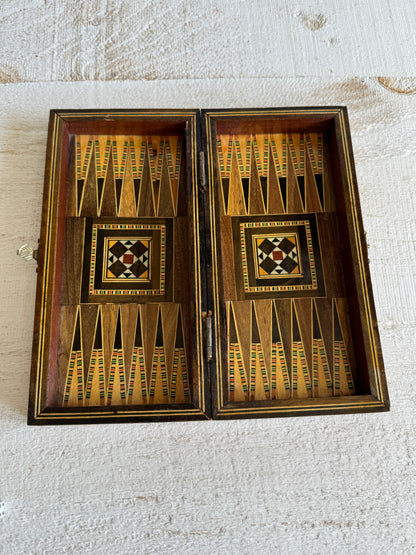 Small Travel Sized Folding Chess and Backgammon 2-in-1 Set with Stunning Marquetry Detailing and Wooden Pieces